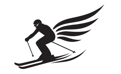 Black silhouette of a skier with wings descending a slope skiing winter sport