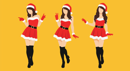 Vector art of three pin-up sexy women in festive Santa dresses and hats posing cheerfully on a bright background, ideal for Christmas marketing, holiday invitations, or seasonal promotions