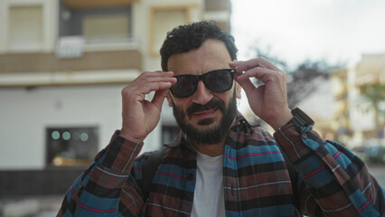 Hispanic man with beard adjusting sunglasses while smiling on an urban street capturing a relaxed...