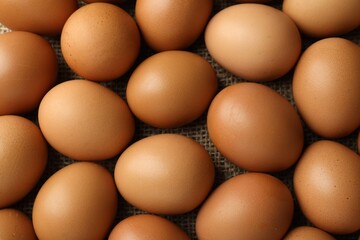 Many raw chicken eggs on table, above view