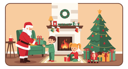 Flat style vector of Santa delivering gifts to happy kids beside warm fireplace, joyful Christmas Eve indoor celebration