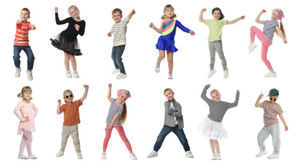 Obraz premium Happy children dancing on white background, collage