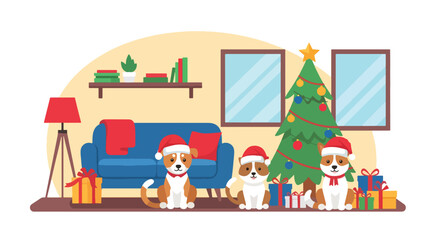 Flat vector of adorable pets in Santa hats sitting beside Christmas tree with wrapped gifts, cheerful holiday pet theme