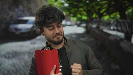 Young hispanic man with beard holding red folder outdoors on urban street enjoying moment with eyes...