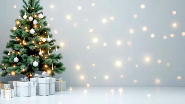 Festive christmas tree with lights and gifts in minimalist holiday setting