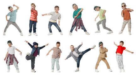Fototapeta premium Happy children dancing on white background, collage