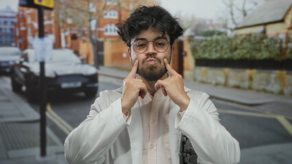 Young man with beard smiling and wearing glasses in white coat standing on urban street background outdoors in daytime.