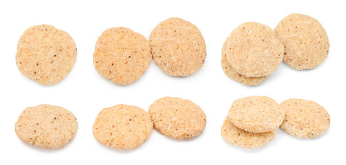 Uncooked patties isolated on white, collage. Top and side view