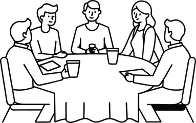 Group of diverse people sitting around a round table discussing ideas and sharing drinks isolated on transparent background