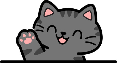 Cute hand drawn cartoon tabby cat waving paw illustration