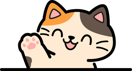 Cute hand drawn cartoon calico cat waving paw illustration