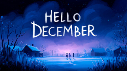 Winter night landscape with snowy cabins, three people standing on frozen ground and large text saying "Hello December" in the sky