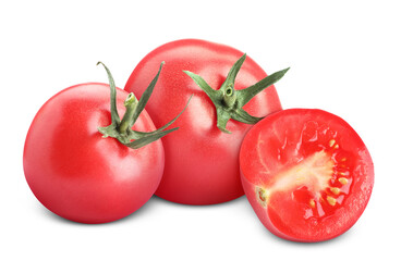 Fresh tomatoes isolated on white. Whole and sliced