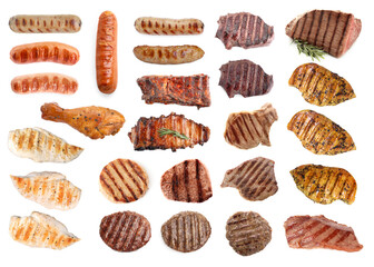 Grilled meat and sausages isolated on white, set