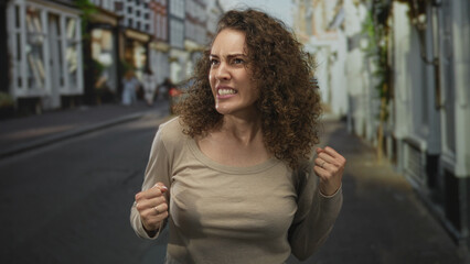 Woman with open mouth shouting on a city street, beige shirt visible and intense expression; anger outburst.