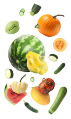 Fresh pumpkins and other vegetables of gourd family falling against on white background