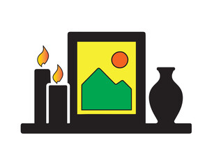 Two lit candles and a vase on a shelf with a framed picture of a landscape flame light