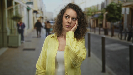 Fototapeta premium Woman in yellow shirt holding hand to forehead on a city street with blurred pedestrians and storefronts; stress.