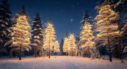 Magical winter forest path illuminated by glowing christmas lights on snow covered trees