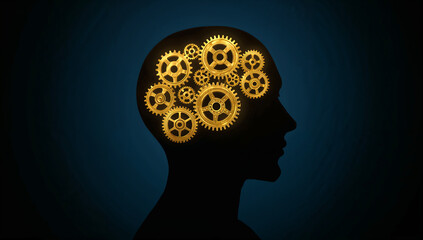 Obraz premium The Mechanism of Thought: Golden Gears Turning Inside a Silhouette Head