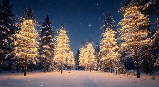 Magical winter forest path illuminated by glowing christmas lights on snow covered trees