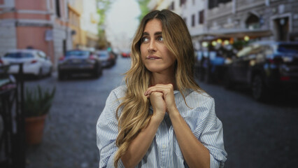 Obraz premium Blonde woman clasps hands near lips on bustling cobblestone street; nervousness anticipation reflection anxiety.