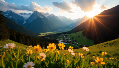 Idyllic mountain landscape with wildflowers in the foreground a scenic view of the Alps at sunset perfect for travel and nature themes