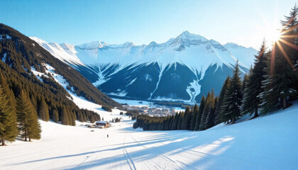 Snowy mountain landscape with trees and ski tracks bright sunlight perfect for winter sports and outdoor adventures