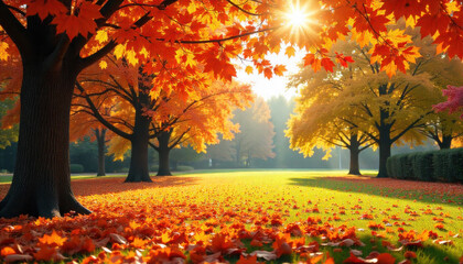 Autumn landscape with vibrant maple trees sun shining through the leaves creating a peaceful and scenic park scene