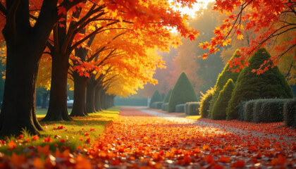 Autumn landscape with a path covered in fallen leaves vibrant orange foliage perfect for seasonal backgrounds and scenic designs