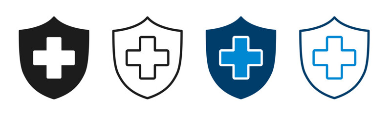 Health insurance icon set, Insurance health, medical health protection shield with cross plus sign inside, healthcare medicine protected guard shield concept, safety badge, security safeguard label