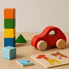 bright scene with blocks and animals, vibrant play area featuring balancing blocks and animal