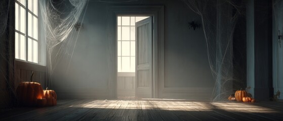 Dark corners and shadows: halloween's enchanting home decorations. Print ready. Intricate details: spiders and webs enhance a halloween night scene. Professional photo. Advertising photo.