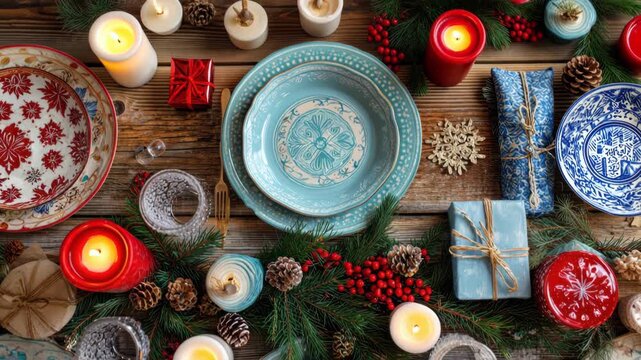 Festive holiday table setting with elegant blue and red dinnerware and decorations