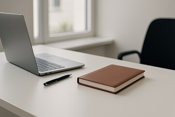 sunlit desk with laptop and notebook, bright morning scene with laptop and focused workspace
