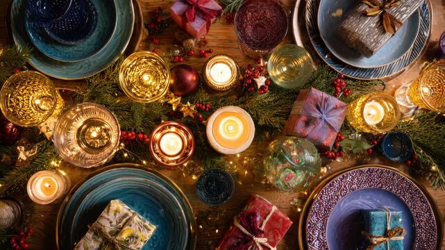 Festive holiday table with gifts, candles, and decorative dinnerware for a cozy celebration