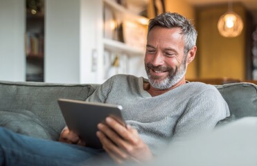 A joyful middle-aged man relaxes on his sofa at home, engaged with a digital tablet. His smile reflects the delight of exploring online videos and social media