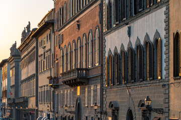 Building facades along Lungarno Corsini at sunset, Florence, Tuscany, Italy