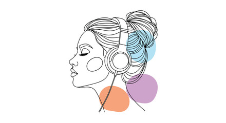 A minimalist line art portrait of a woman wearing headphones and listening to music.