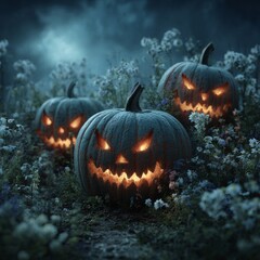 Naklejka premium Enchanted woods with bewitching halloween pumpkins. Designer fashion. Pumpkins carved with intricate designs in a spooky forest. Rich texture. Sophisticated pose.