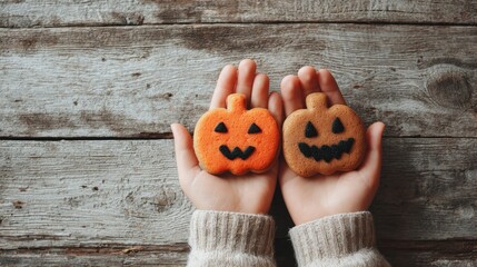 A child's hand presents vibrant pumpkin-shaped cookies on a rustic wooden table, capturing the playful spirit of Halloween. Perfect for seasonal recipes or festive celebrations.