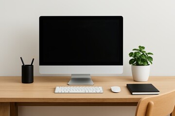 elegant workspace design, sophisticated home office environment equipped with tech and lush plants