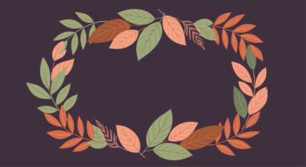 An oval wreath of autumnal leaves in shades of orange and green on a dark purple background.