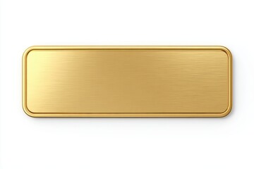 A sleek gold metal name tag rests on a flat surface, showcasing its rectangular shape and simple design against a clean white background, ideal for product presentations.