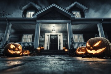 Fototapeta premium Whimsical nightfall: a home dressed for halloween delight. Epic poster. Halloween enchantment: playful and eerie decor around a moonlit house. Hero poster. Blockbuster poster.