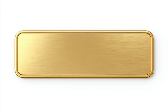 A sleek gold metal name tag rests on a flat surface, showcasing its rectangular shape and simple design against a clean white background, ideal for product presentations.