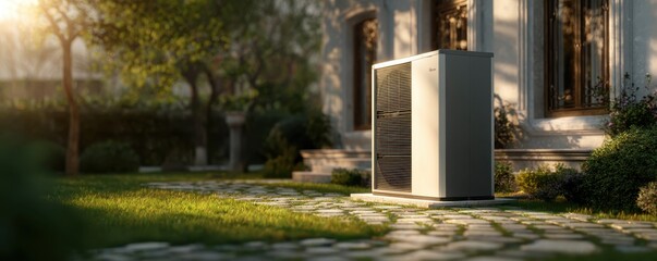 A modern air source heat pump stands in a sunny garden, surrounded by a lush green lawn and cobblestones, showcasing an eco-friendly solution next to a stylish house.