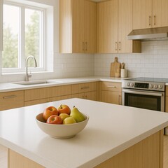 bright fruit arrangement on island, morning scene featuring vibrant fruit in ceramic bowl on counter