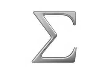 Sigma symbol, a greek letter, appearing in shiny silver metallic style. Showing concepts of summation, math, and science