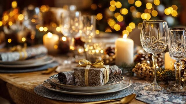 Festive holiday dinner table with candles, gift, and elegant glassware